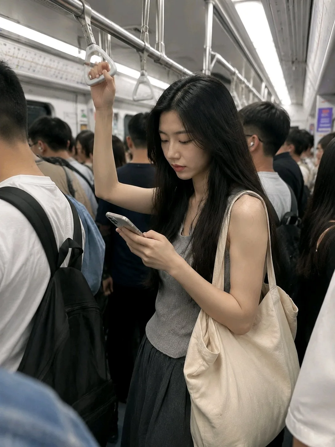 Asian female morning commute subway candid phone shot — Sonra