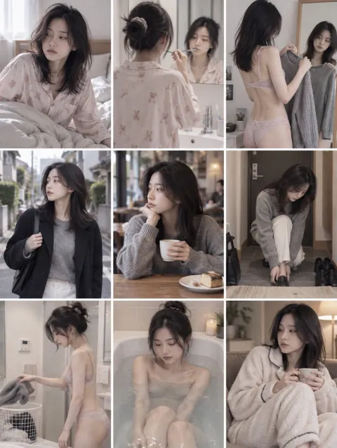 Japanese woman daily life nine grid prompt