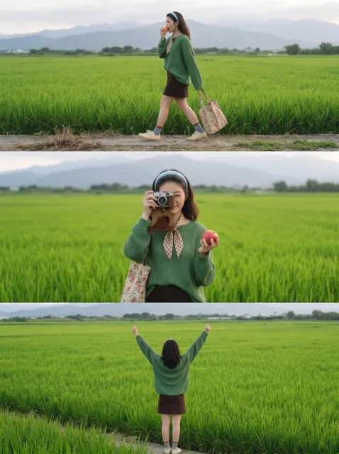 Candid 35mm film photo east asian woman rice paddy