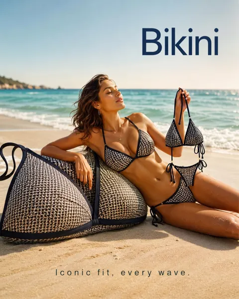 Photorealistic luxury beach bikini commercial ad