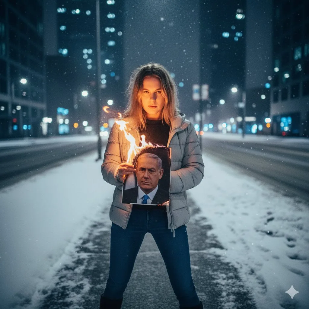 Rebellious girl burning photo snow — Sonra