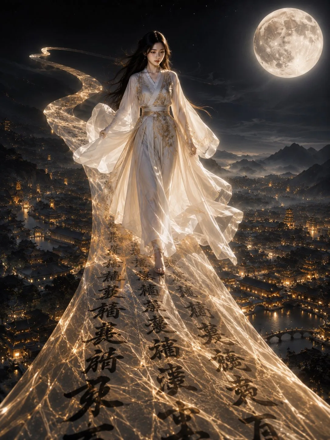 Epic goddess walking on calligraphy silk over ancient city — After