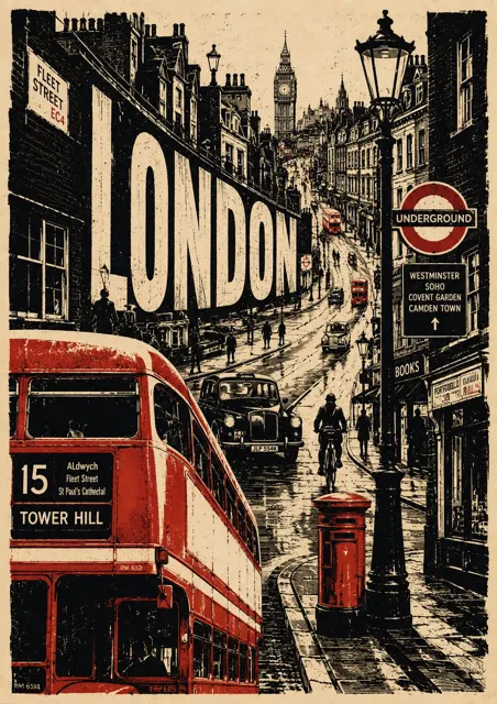 Vintage linocut travel poster prompt