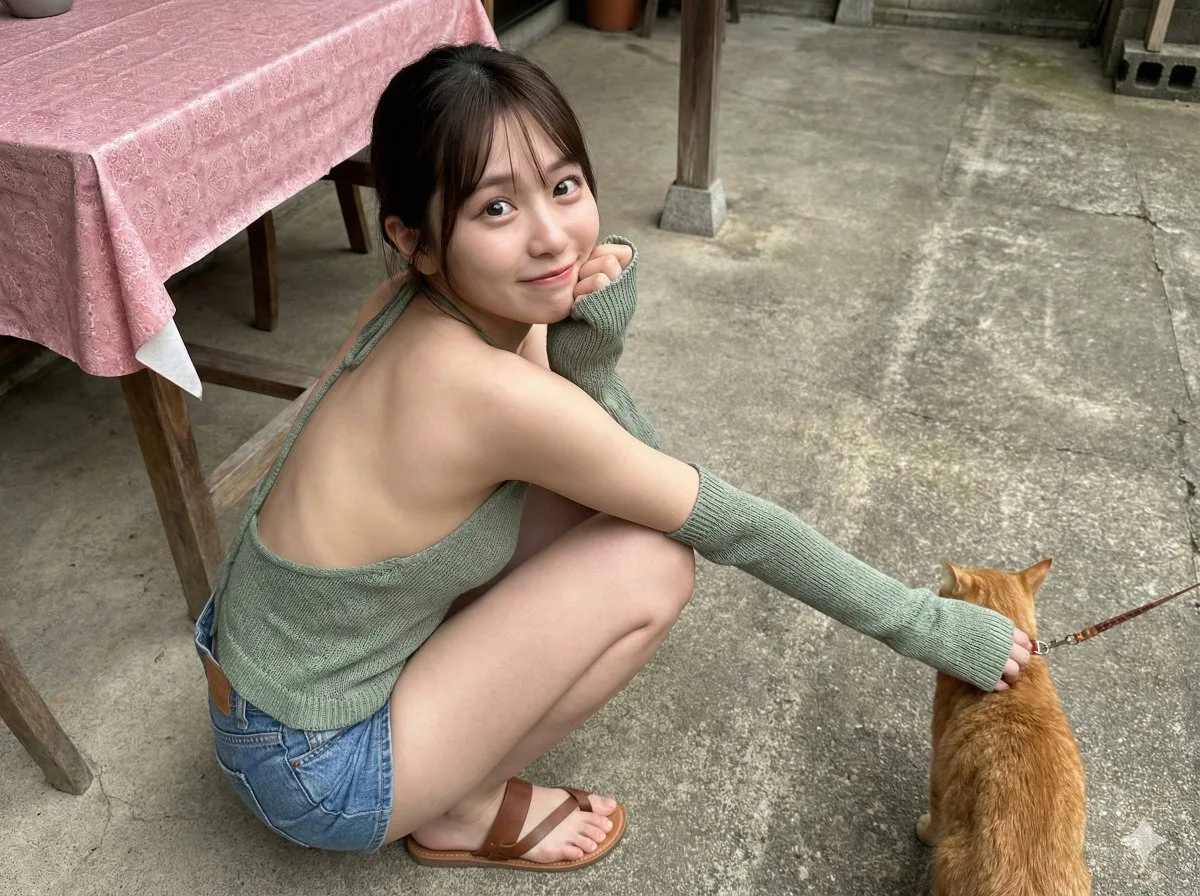 年轻的亚洲女生蹲坐在水泥地的庭院中 — Sonra