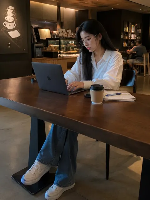 Modern cafe working young woman
