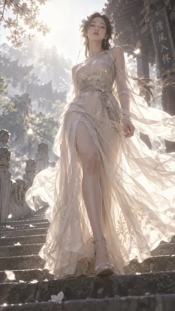 Gauze dress high slit low angle steps