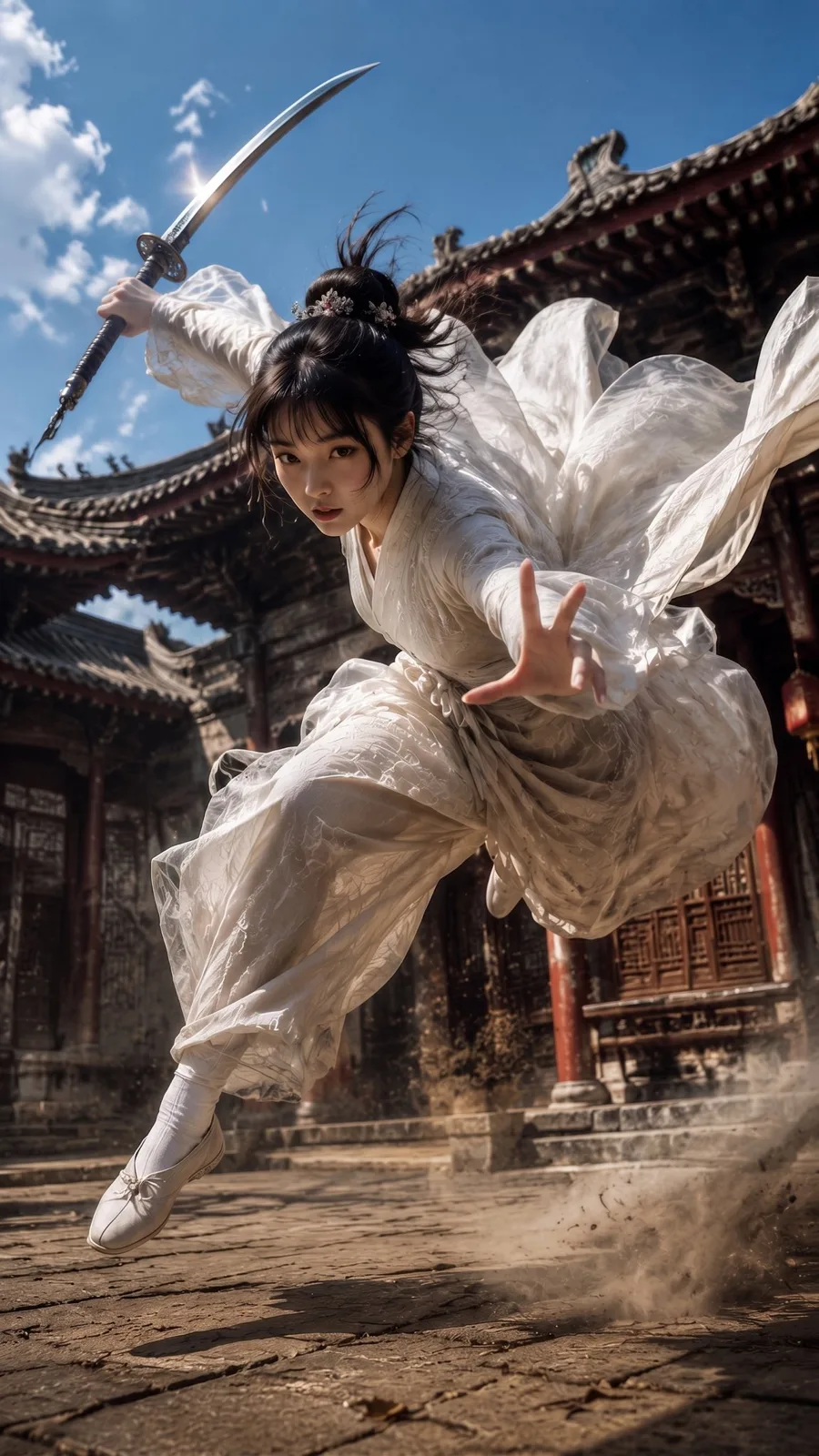 Ultra realistic cinematic wuxia photography swordswoman — Sonra
