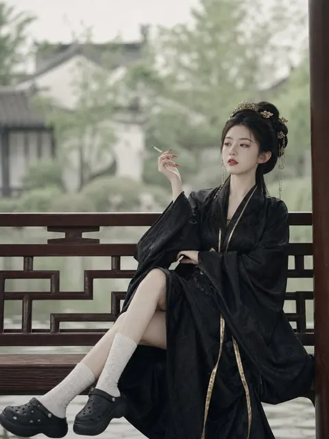 Jiangnan garden black ancient style woman portrait