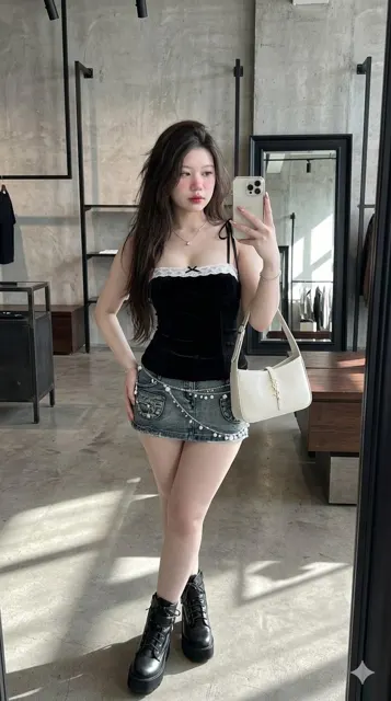 Ultra realistic asian woman loft cafe mirror selfie 8k