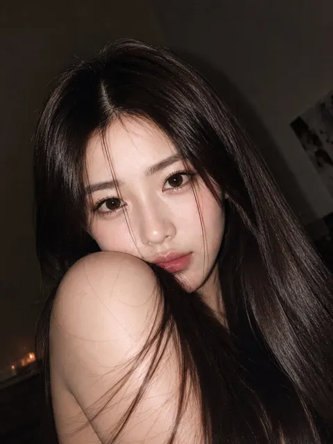 Ultra realistic east asian woman smartphone flash portrait