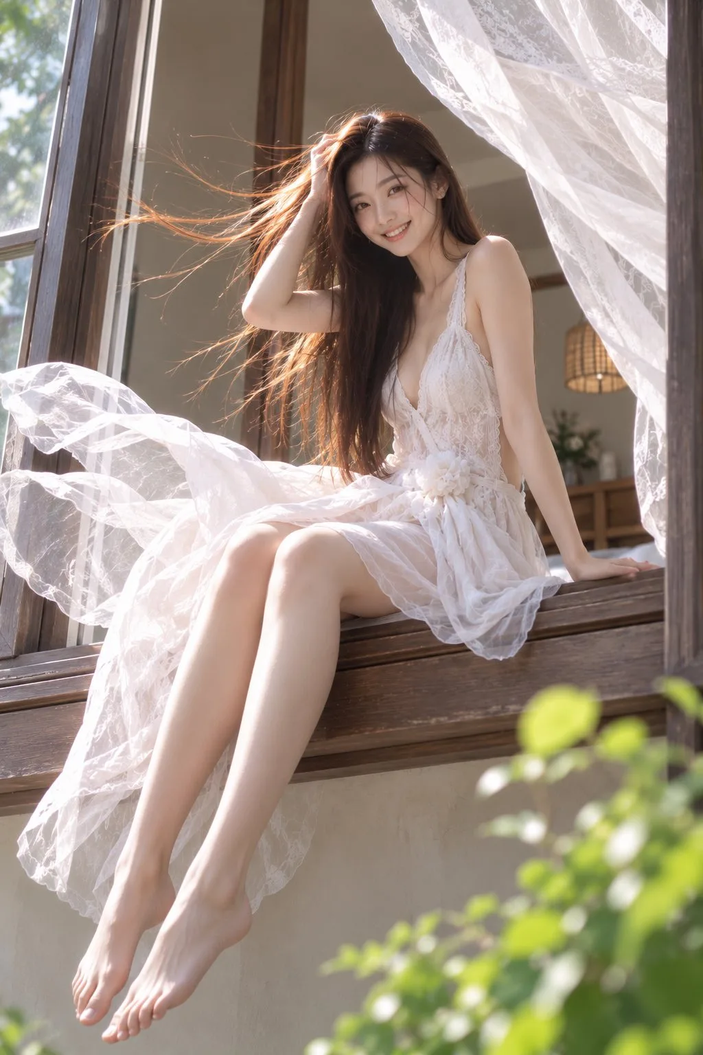 Luxury villa summer morning east asian woman portrait — After
