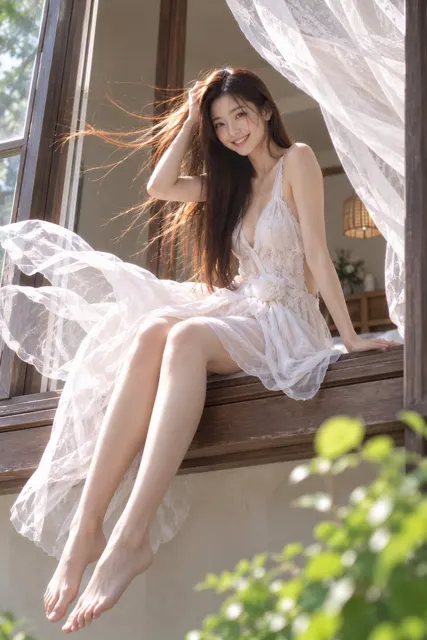 Luxury villa summer morning east asian woman portrait