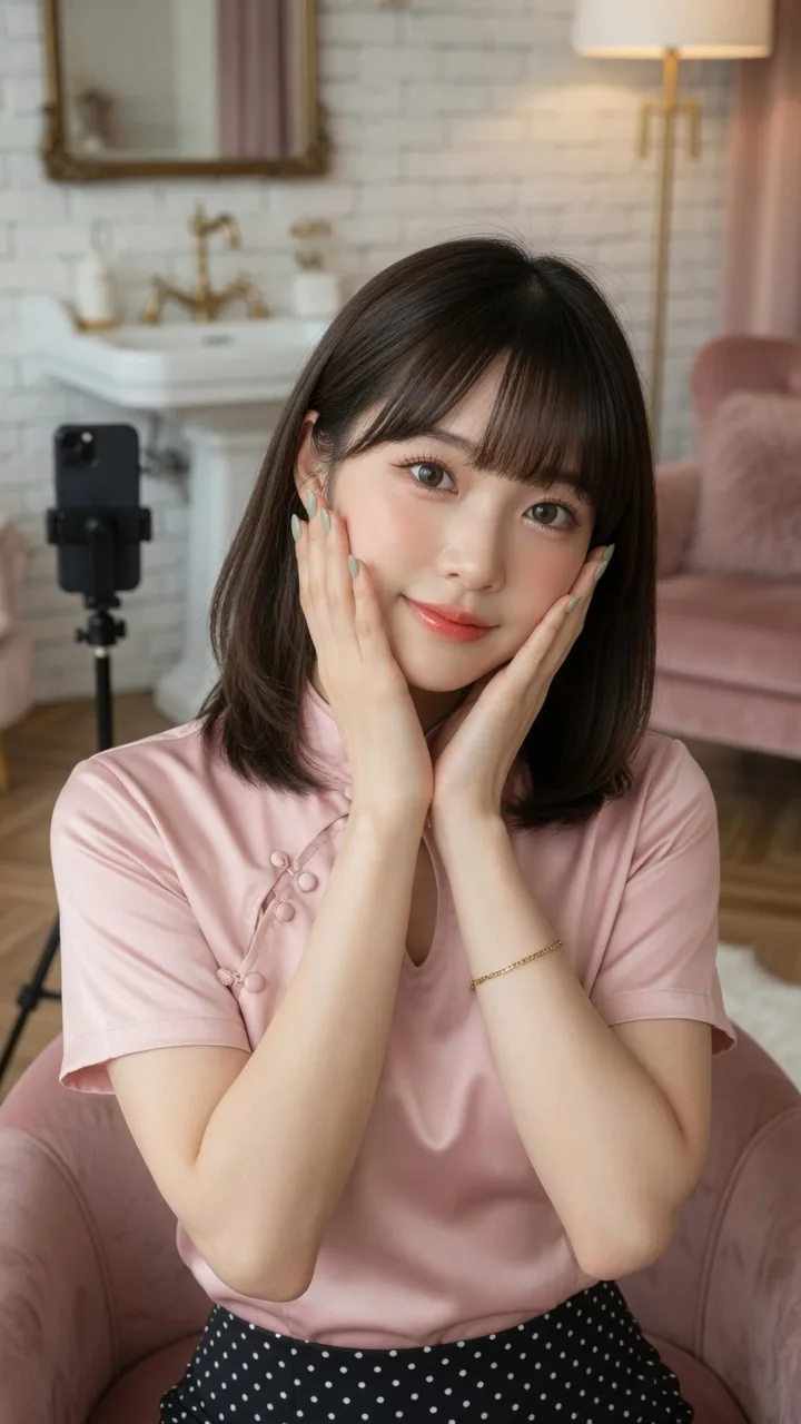 East asian woman pink satin blouse portrait prompt — After