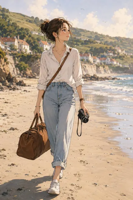 Lighthearted sketch anime woman beach walk