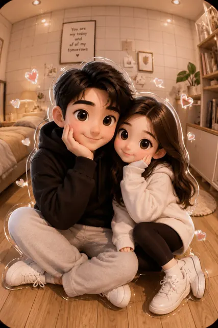 Cute 3d cartoon couple portrait cozy room