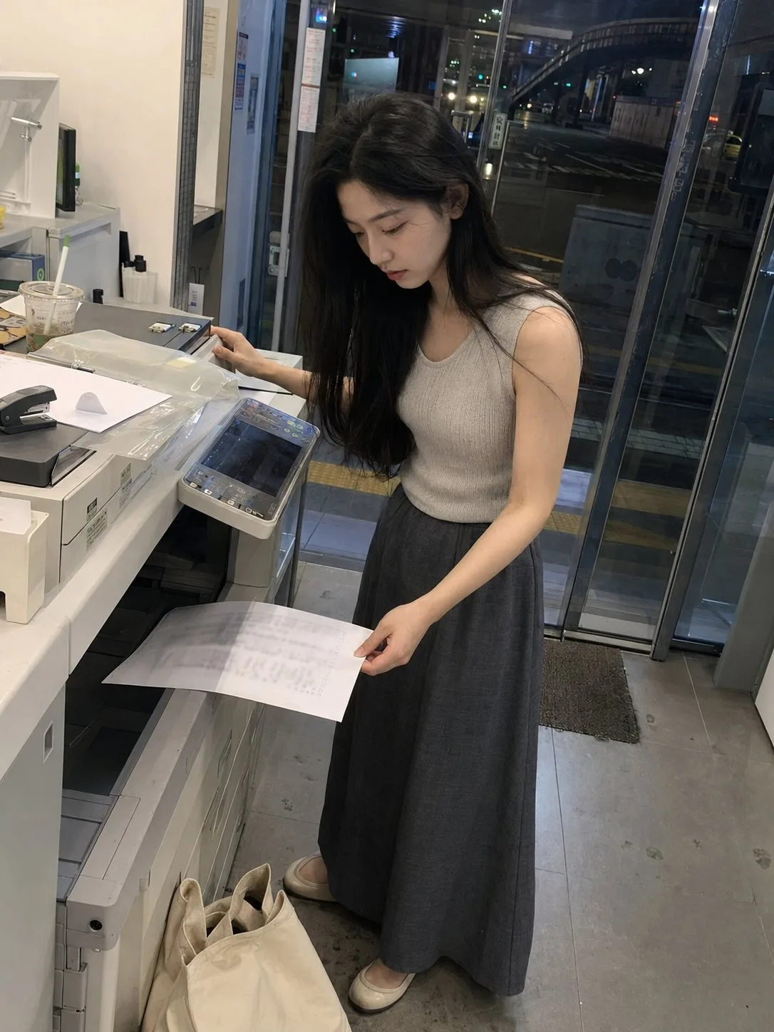 Late night printing shop asian woman phone snapshot — After