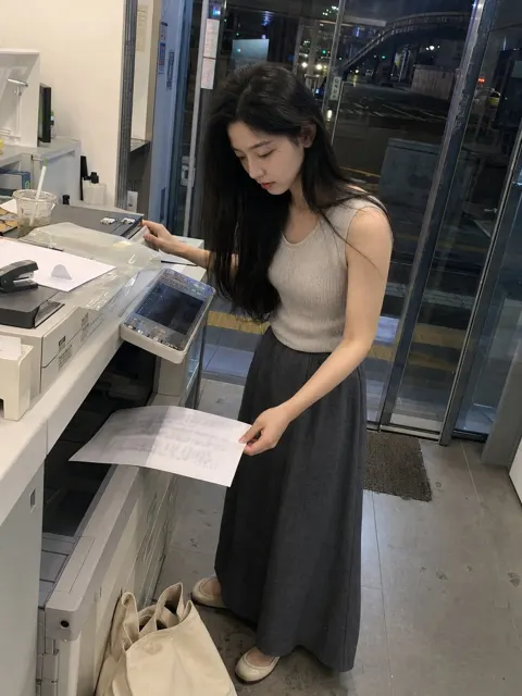 Late night printing shop asian woman phone snapshot