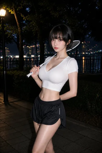 Night river park woman badminton racket