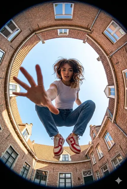 Fisheye jumping girl brick buildings