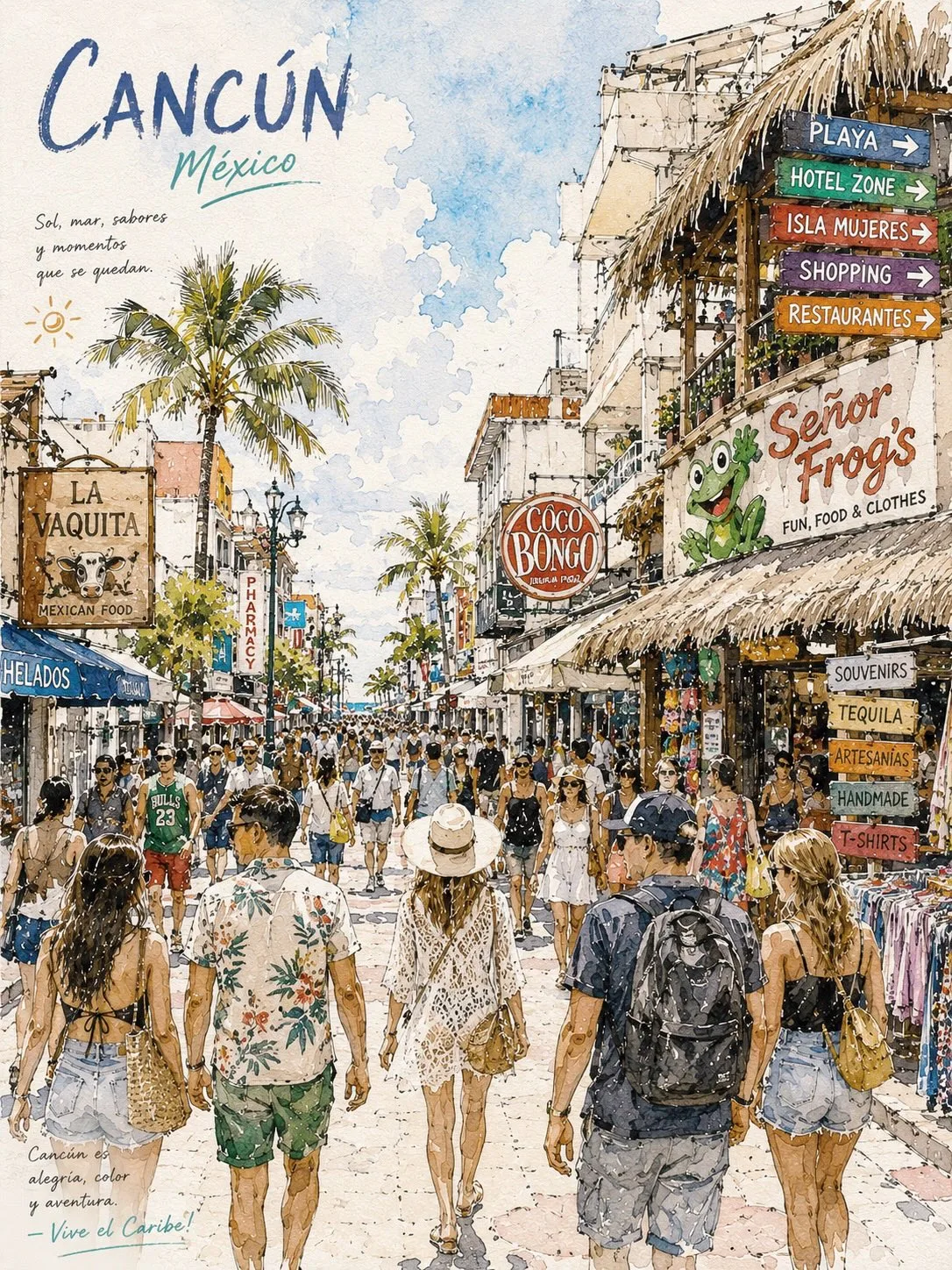 Watercolor mexico tropical street travel poster — After