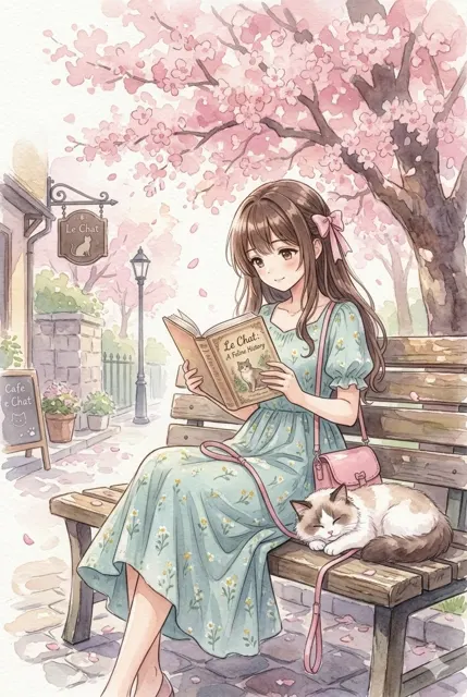 Vertical watercolor anime girl reading cat cherry blossom