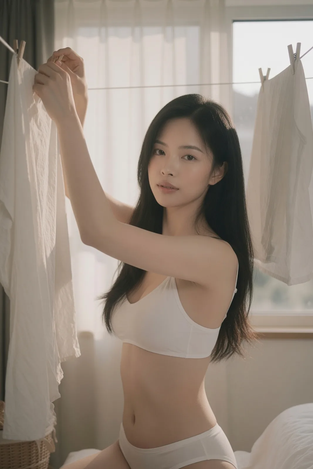 East asian woman bedroom lifestyle photography — Sonra