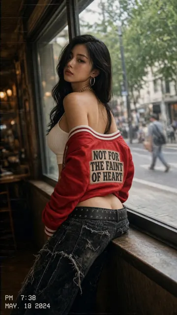 Red varsity jacket asian woman vhs street style