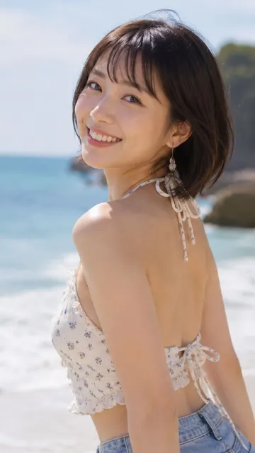 Japanese woman beach smiling over shoulder summer portrait