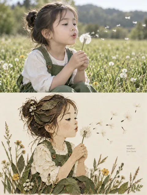 Real photo to natural material collage illustration