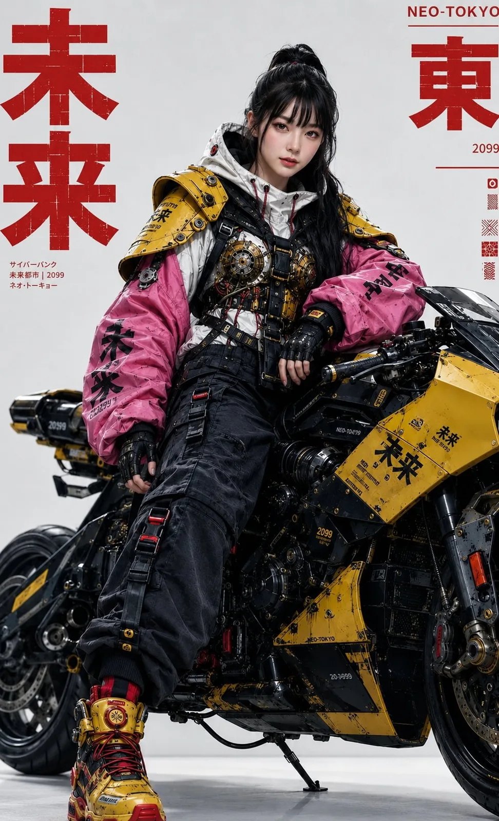 Cyberpunk techwear fashion portrait asian woman motorcycle — Sonra