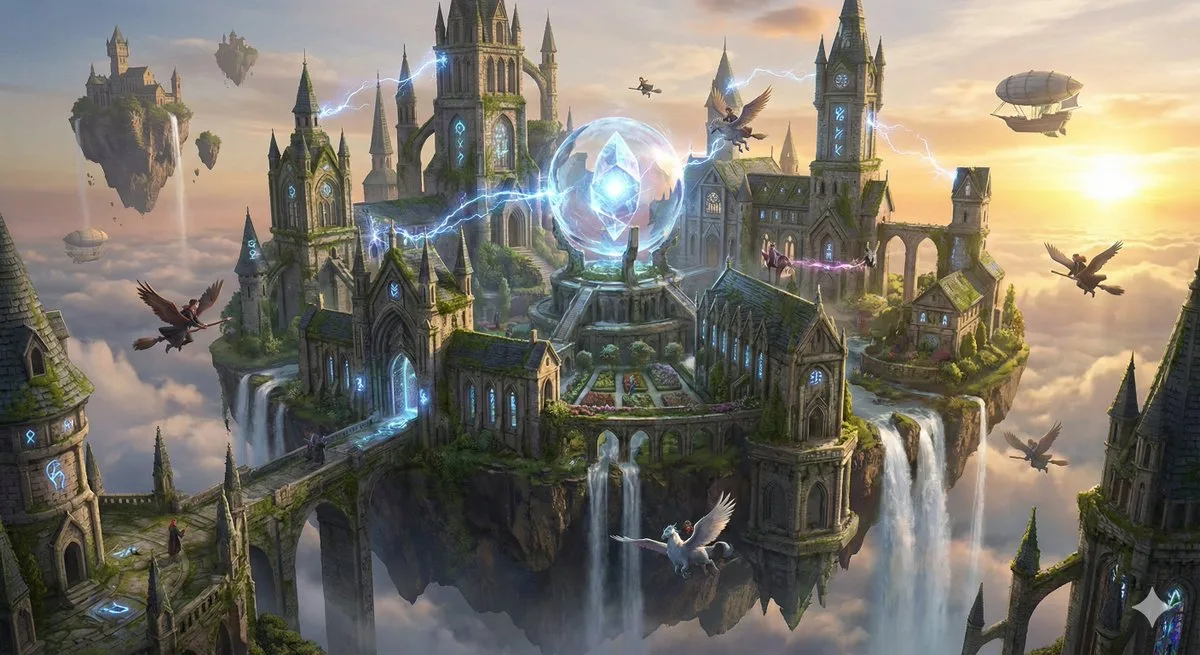 Floating arcane academy in clouds — After