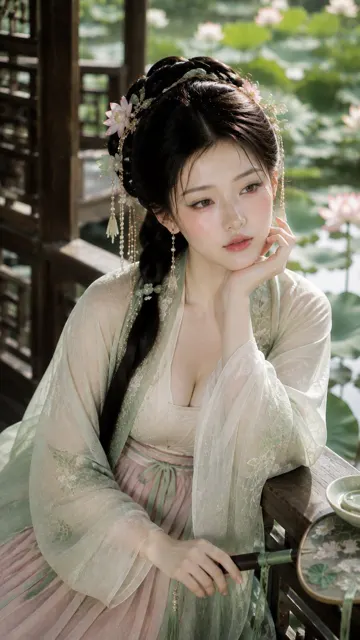 Jiangnan noblewoman summer lotus pond water pavilion portrait