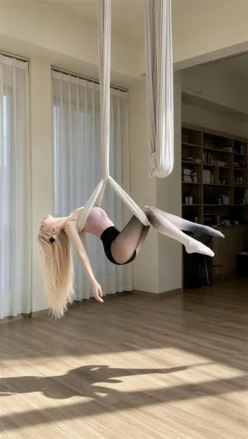 Realistic aerial yoga blonde asian woman