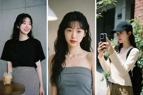 Korean woman lifestyle fashion triptych collage