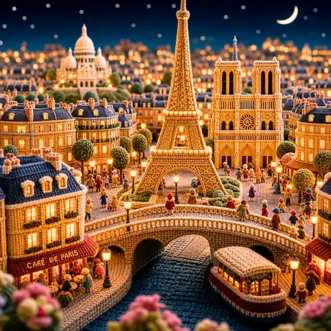 Knitted yarn art miniature city