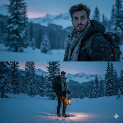 Handsome backpacker snow lantern