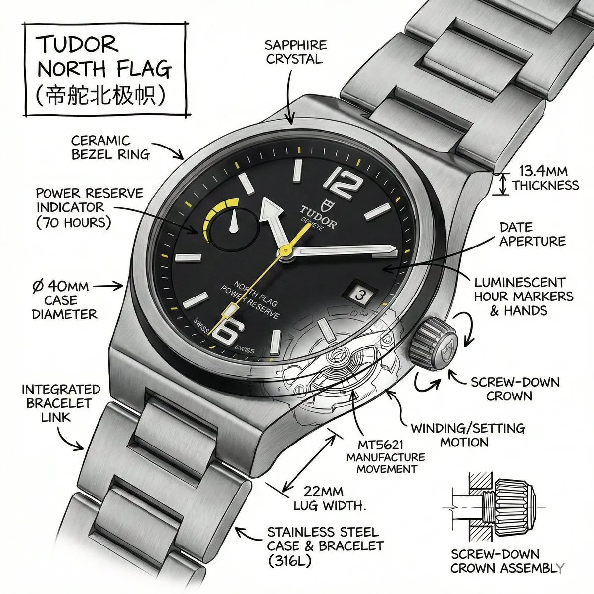 Tudor north flag precision exploded view — After