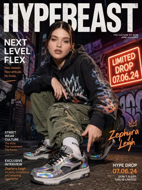 Korean woman streetwear hype magazine holographic sneakers