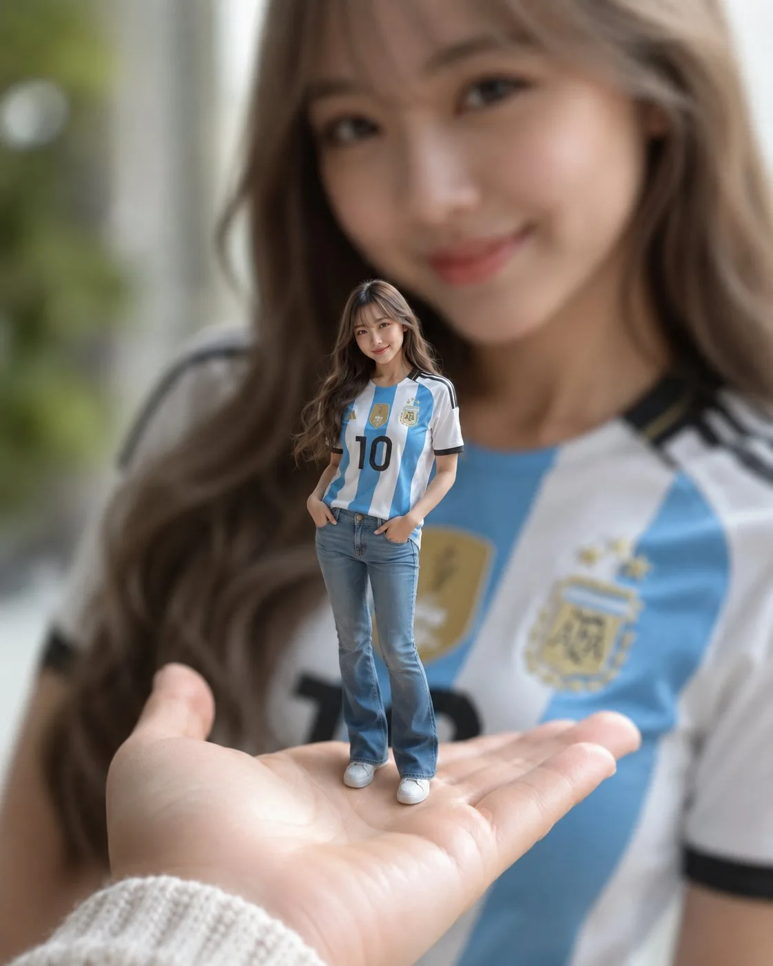Miniature woman on hand argentina jersey forced perspective — Sonra
