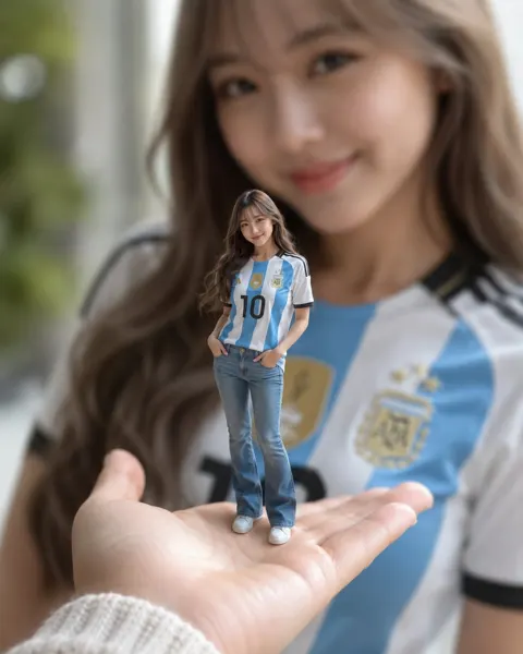 Miniature woman on hand argentina jersey forced perspective