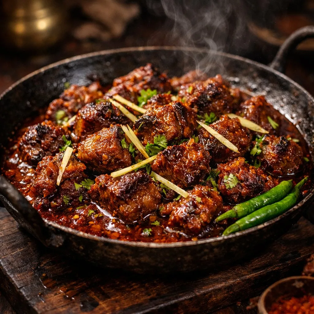Cinematic lighting sizzling mutton karahi — Sonra