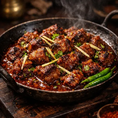 Cinematic lighting sizzling mutton karahi
