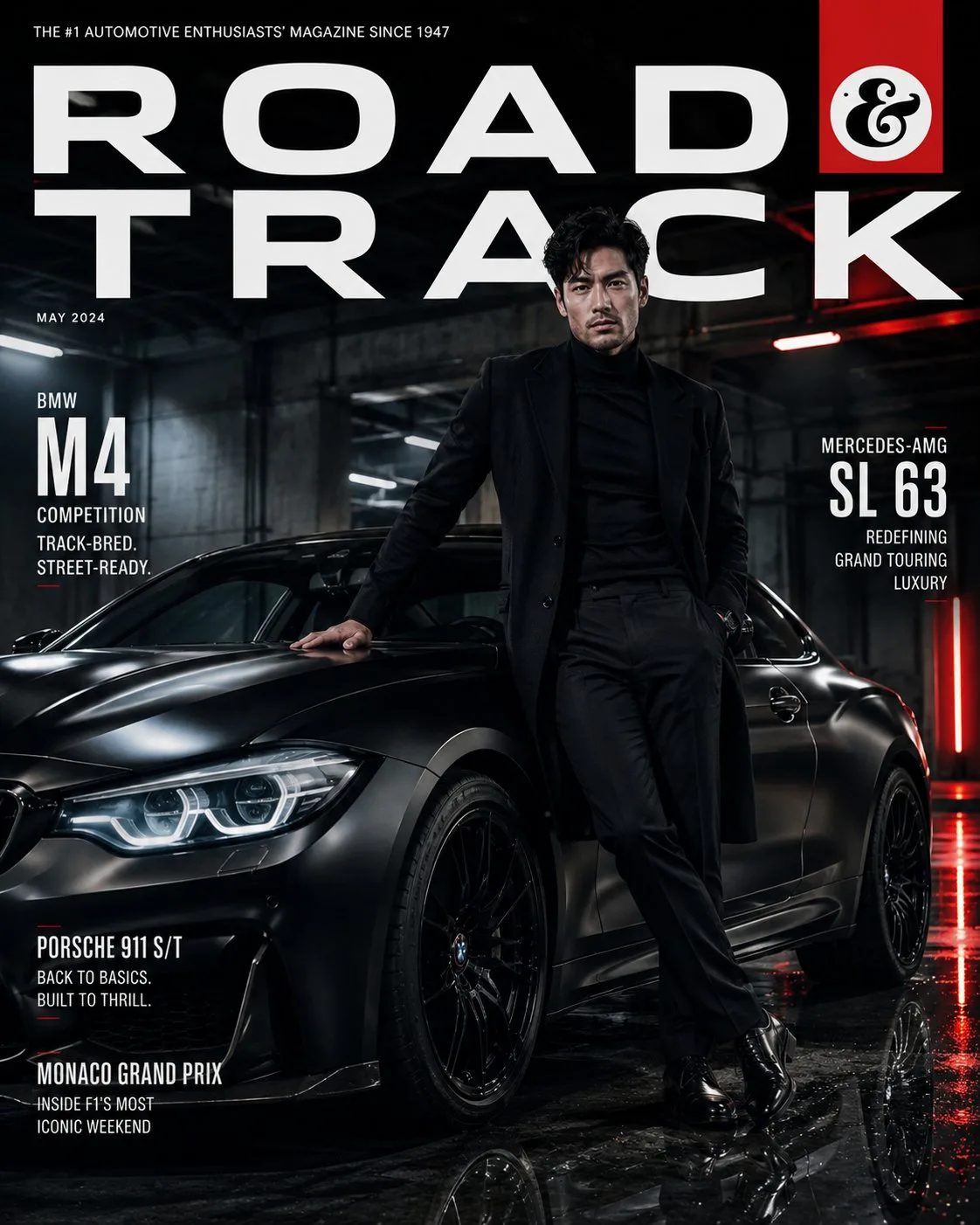 Ultra realistic korean man luxury sports car magazine cover — Sonra