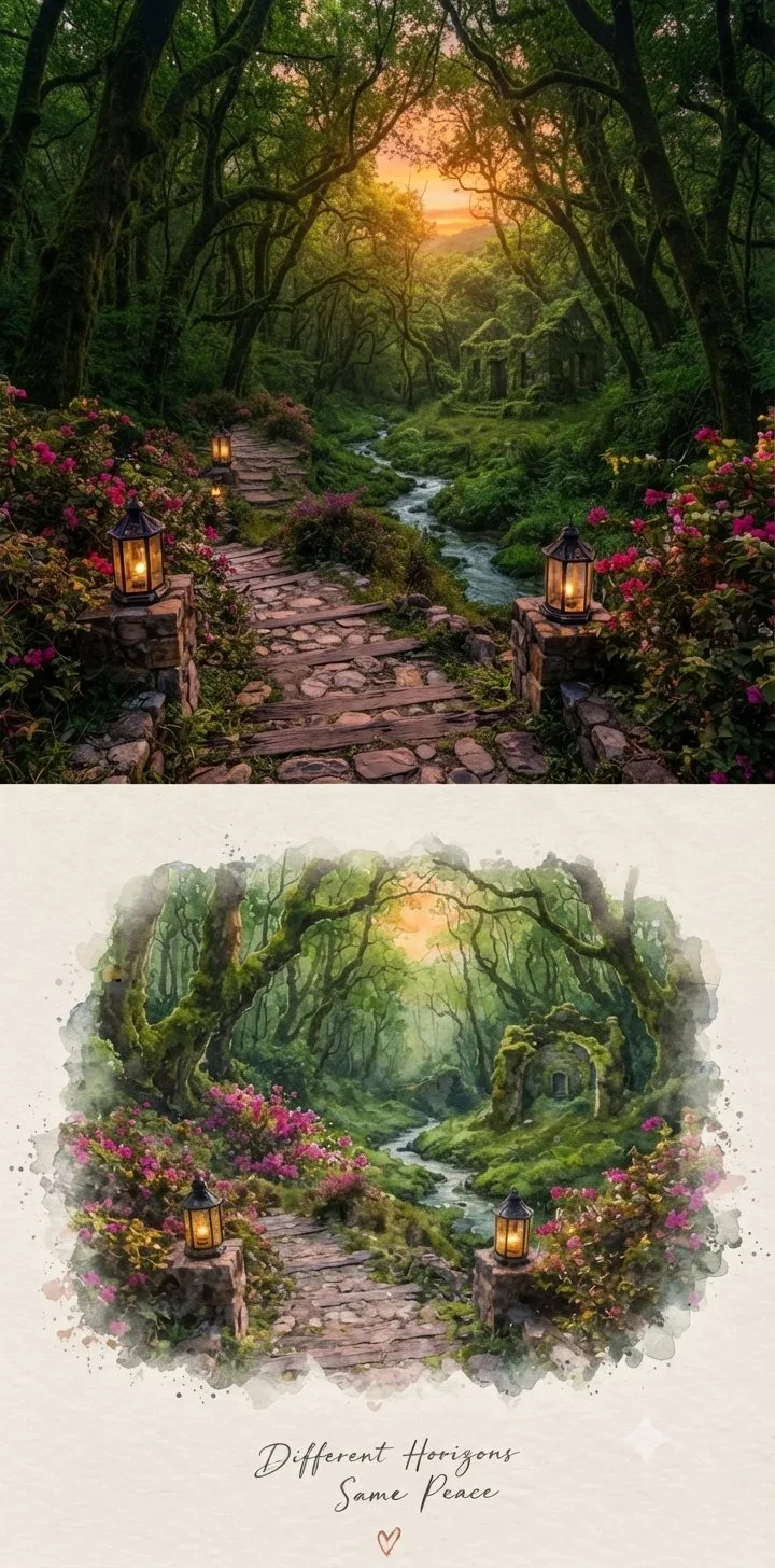 Breathtaking watercolor blended serene landscape sunset — After