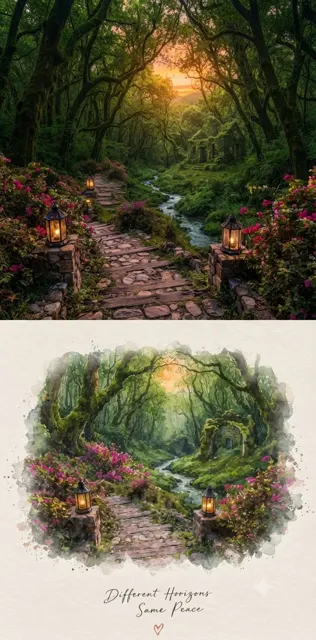 Breathtaking watercolor blended serene landscape sunset