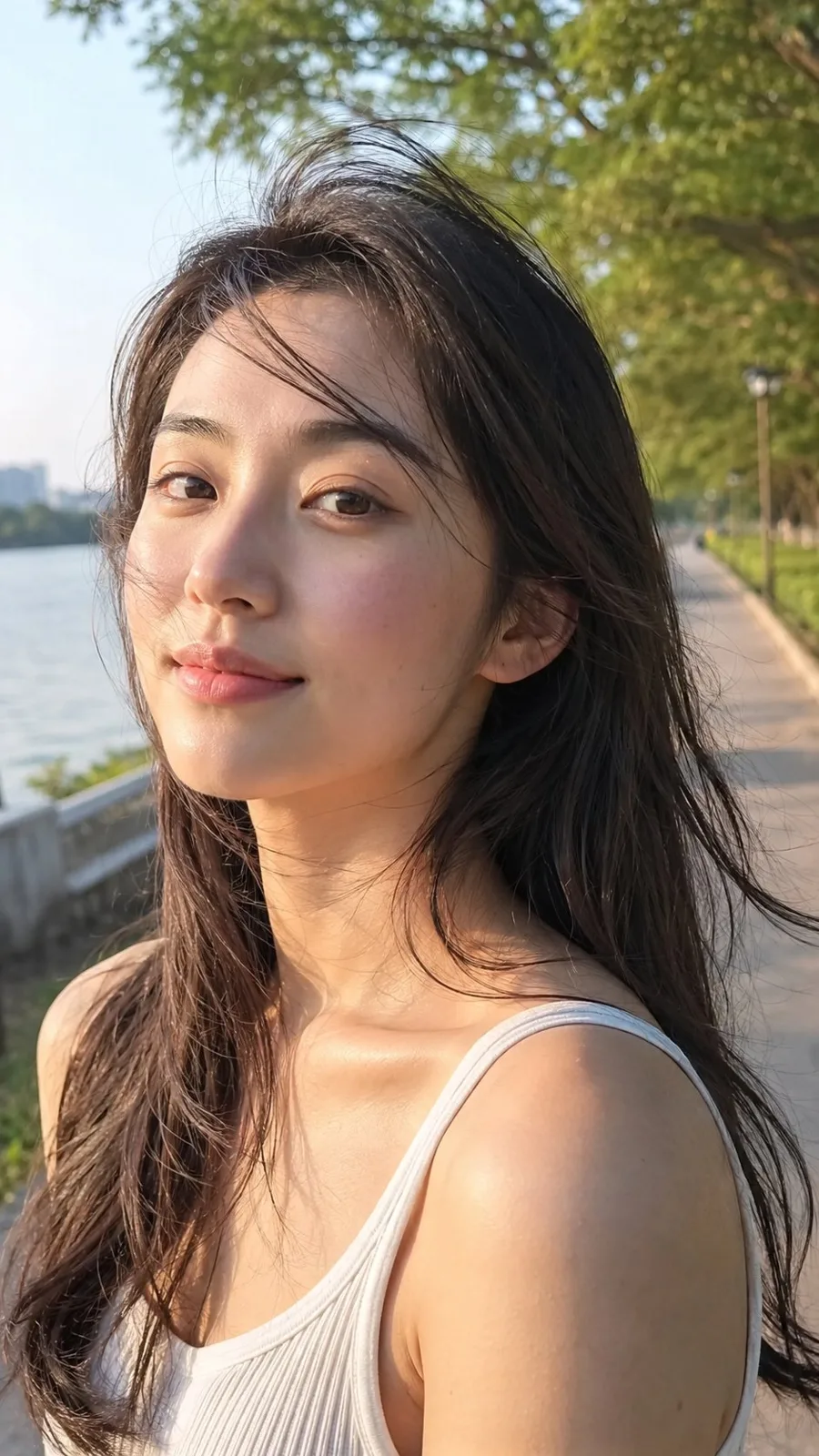 Morning riverside realistic asian woman portrait — After