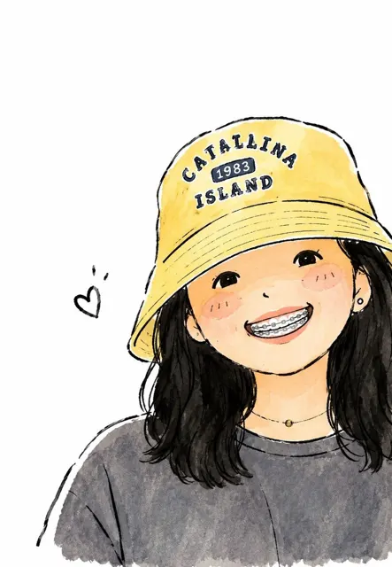 Cute watercolor anime girl yellow bucket hat