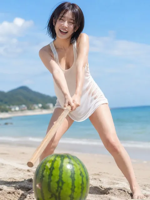 Beach watermelon splitting girl laughing
