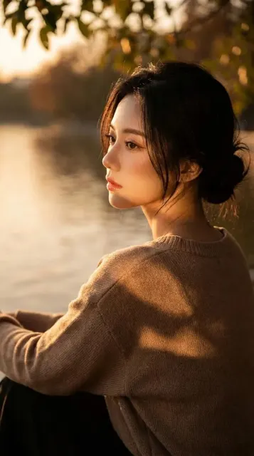 Cinematic portrait woman lake sunset autumn