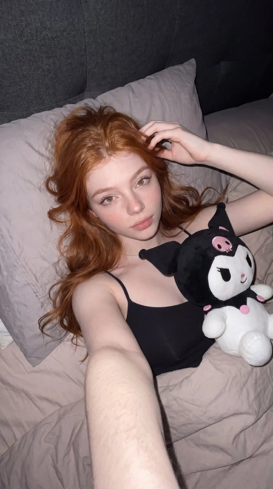 Ultra realistic late night bedroom selfie redhead plush — After